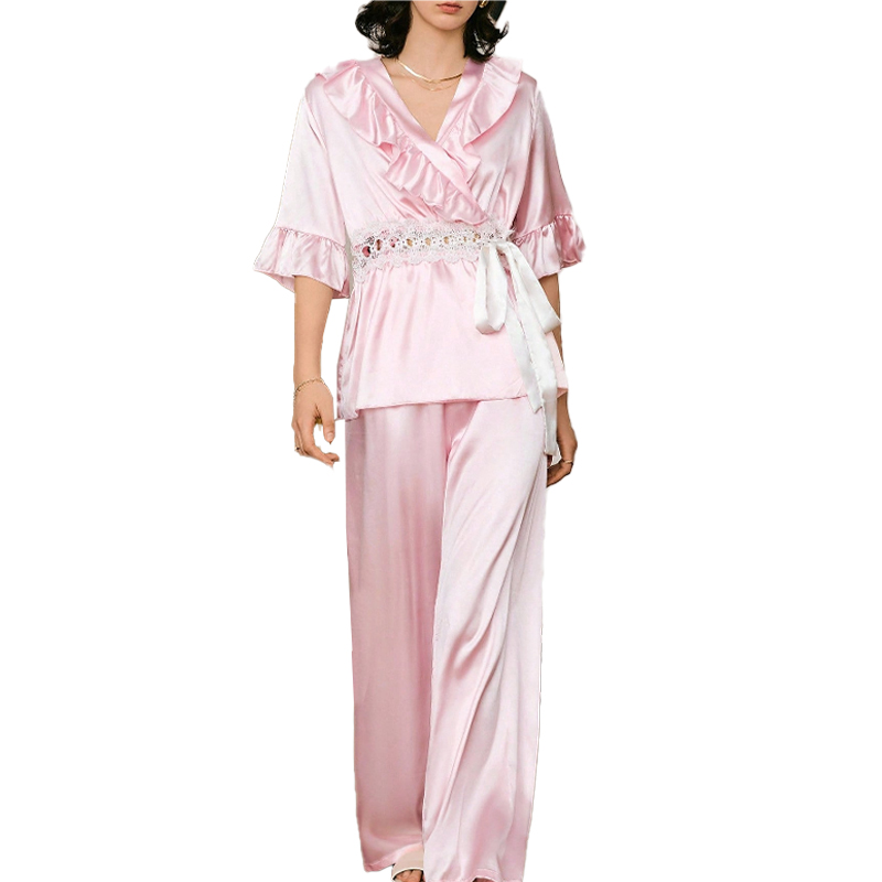2025 New Women's Spring/Summer Silk Color Lace Openwork Tie-up Short Sleeve Long Pants Pajama Set Homewear