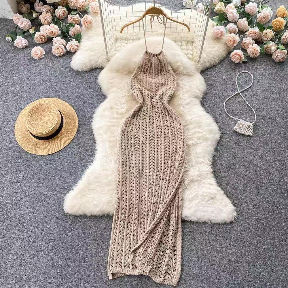 Ladies temperament hanging neck sleeveless hollow knit dress female slim split holiday skirt