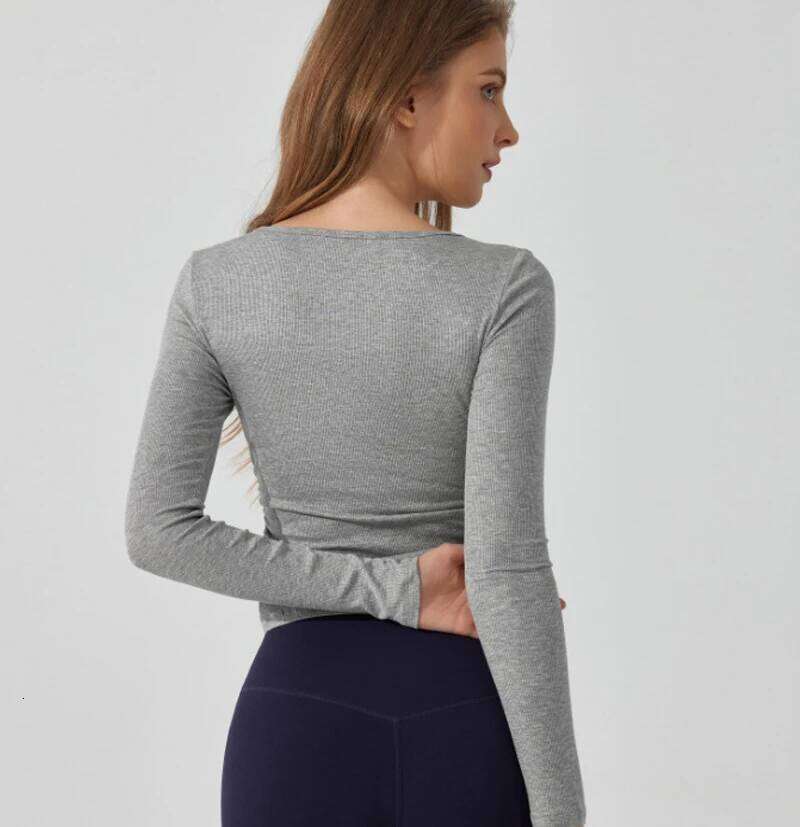Long Sleeve Yoga Shirt Women Solid Color Slim Fit Breathable Ribbed Gym Running Top Female Sportswear Workout Clothes