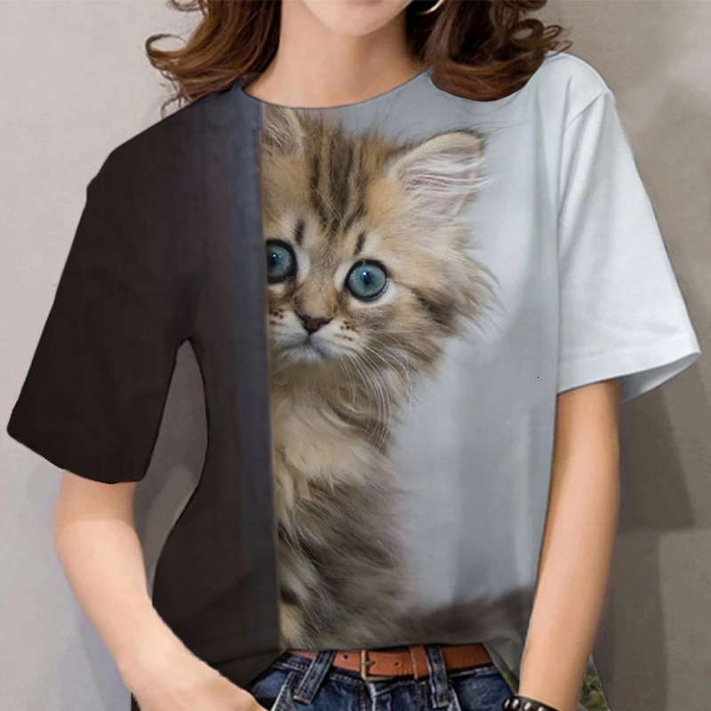 2025 Europe and America Hot selling Women's S Round Neck D Cartoon Cat Digital Printed Short Sleeve New T-shirt New Designer T-shirt