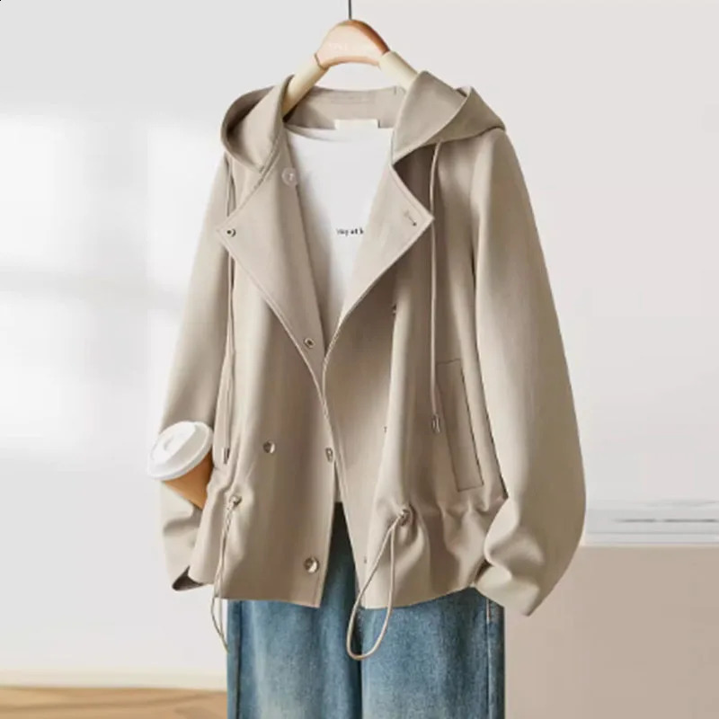 Spring And Autumn Female With Lining Cloth Windbreaker Jacket 2025 Women Leisure Hooded Trench Coat Ladies Short Lined Overcoat 250728