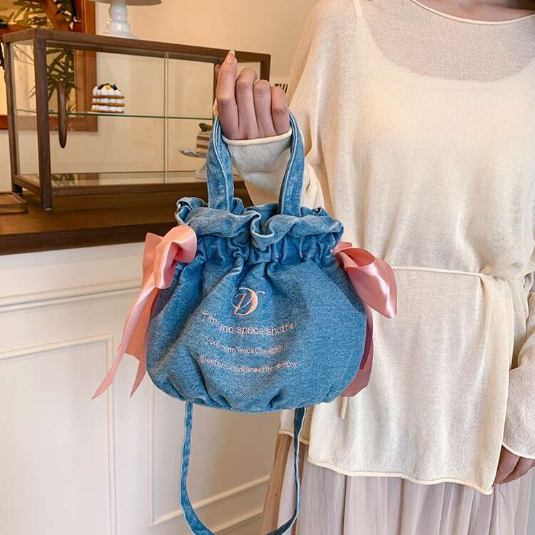 New Luxury High-End Feel Single Shoulder Crossbody Large Capacity Drawstring Denim Handheld Canvas Tote Bag