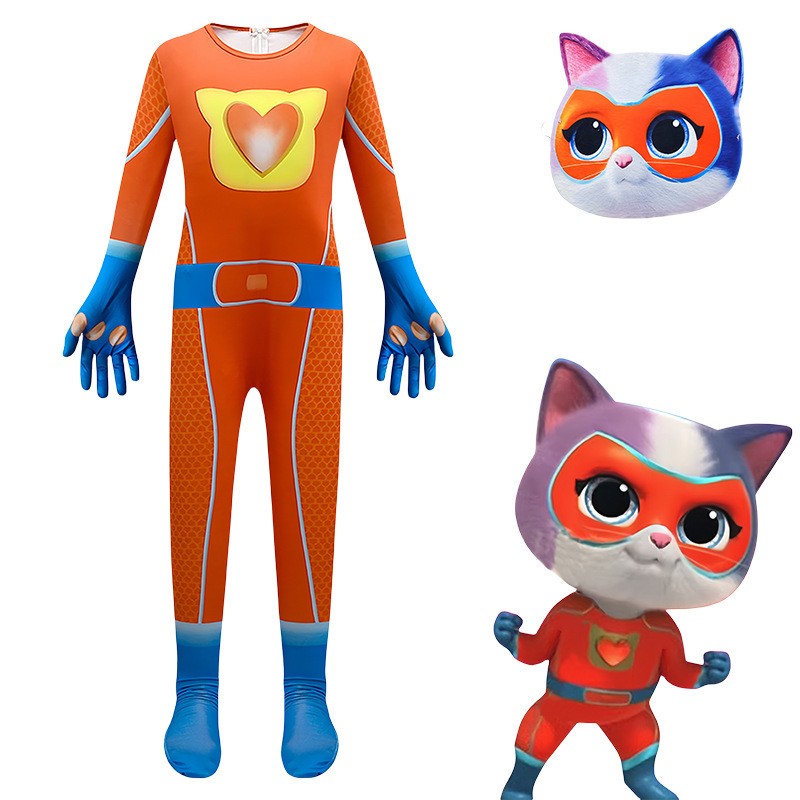 Children's cute hero style one-piece tight-fitting suit, super cat pink and blue contrasting cat ear mask cosplay costume