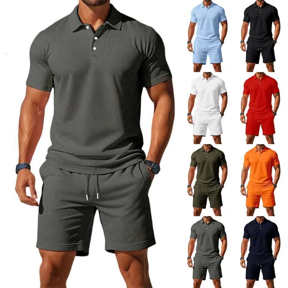 New Mens Business Casual Beach Sports Two-piece Set Drawstring Elastic Waist Sports Shorts Set Button Access Control Lapel Tops XJ250731