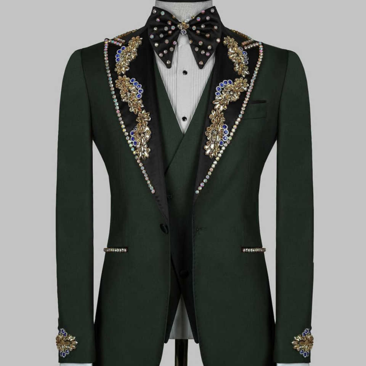 Handsome Customized Men Suits 2 Pieces Pants Sets Crystal Groom Wedding Blazers Slim Fit Tuxedos Prom Male Party Outfits