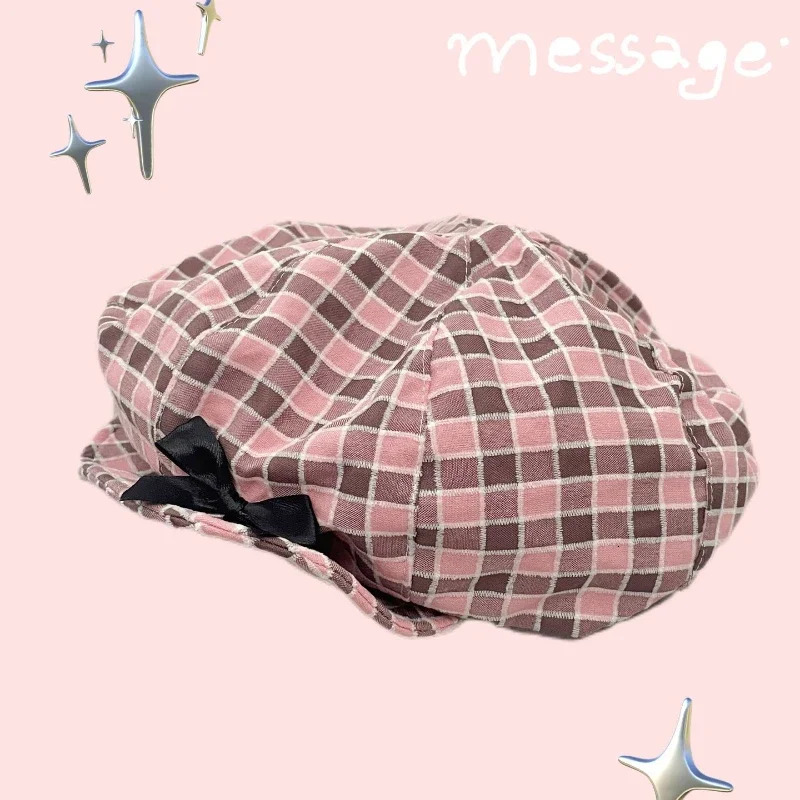 Art Student Big Print Painter Caps for Women Y2K Cute Pink Plaid Cloud Hats Summer Thin Travel Sunscreen Black Bow Retro Berets 250730
