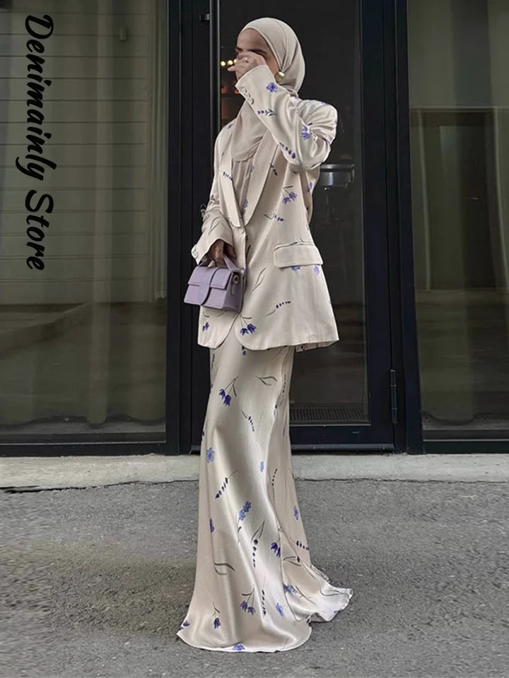 Elegant Print Jacket Skirt Set Women Lapel Full Sleeve Loose Coat Straight Long Skirts 2025 Autumn Lady Chic 2 Pieces Suit 250728