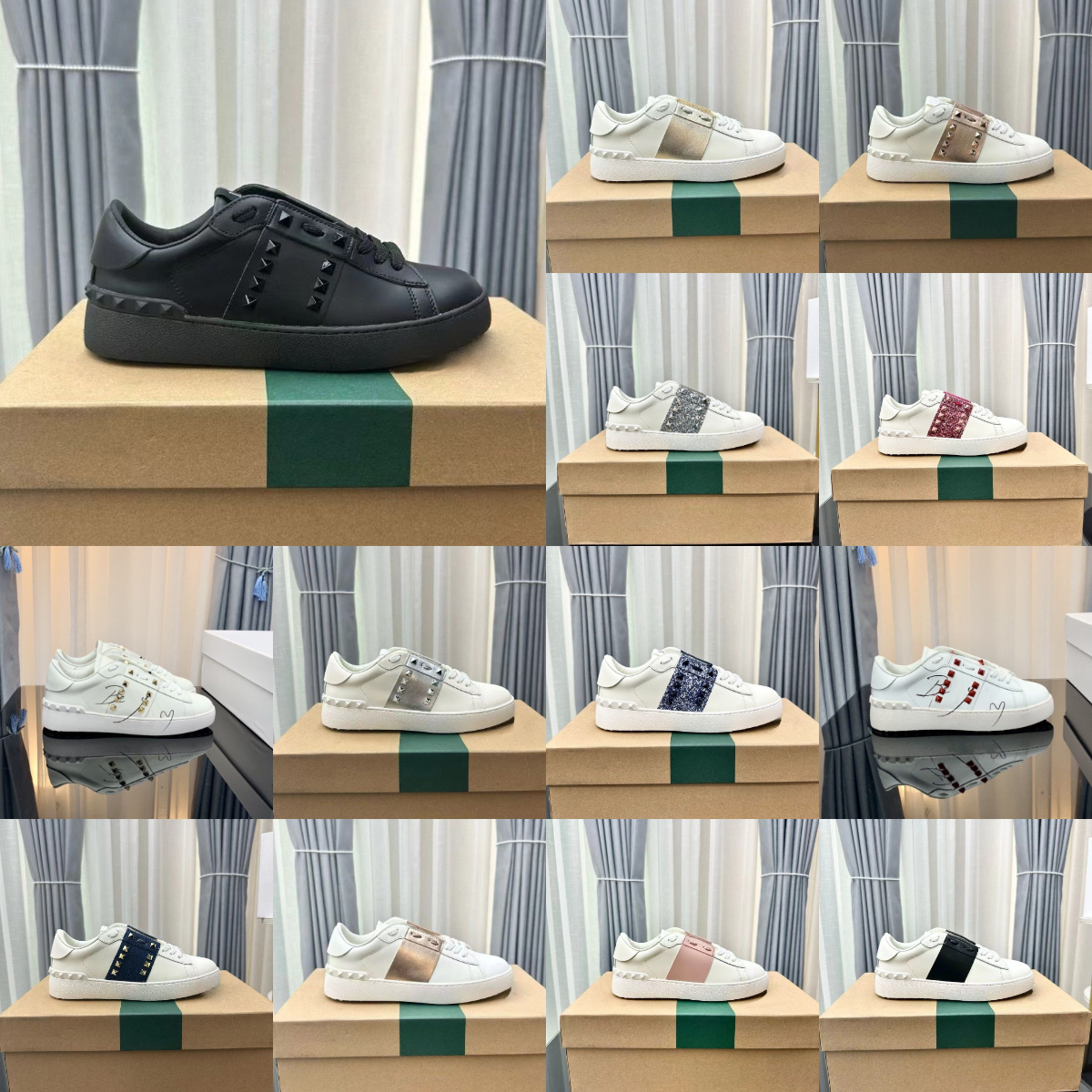 Casual designer quality leather shoes Famous Italy Brand stud Low Sneakers Open Skate Casual Shoe Men Women low-top calfskin sports trainers