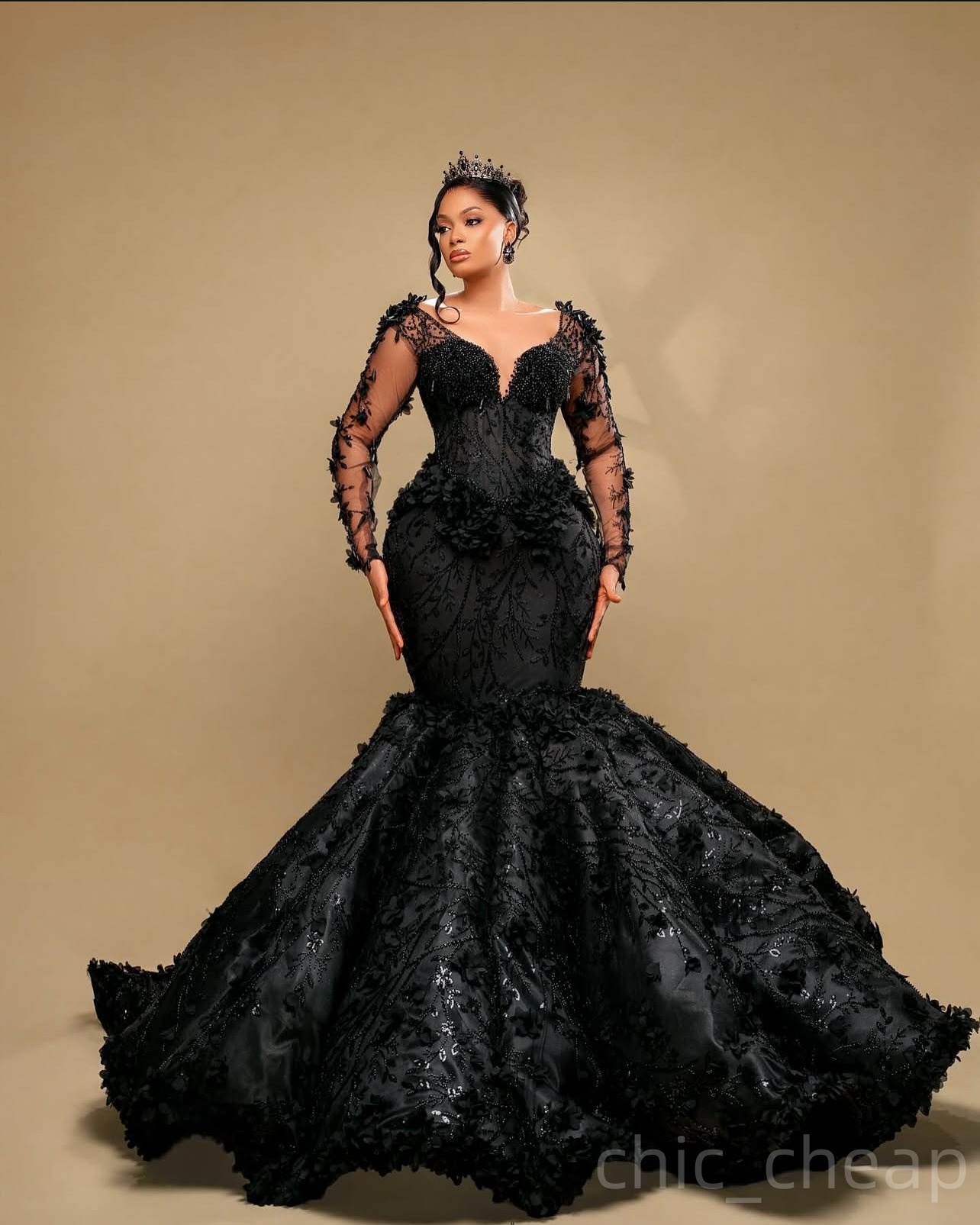 Black Mermaid Prom Dresses 2025 3D Floral Lace Pearls Full Sleeves Evening Formal Party Second Birthday Engagement Gowns Plus Size Dress For Special O