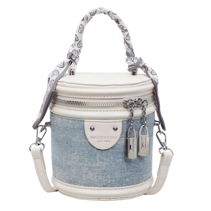 Cylindrical handbag - blue and white color blocked denim with diamonds PU leather single shoulder crossbody bag, fashionable and versatile, out on the
