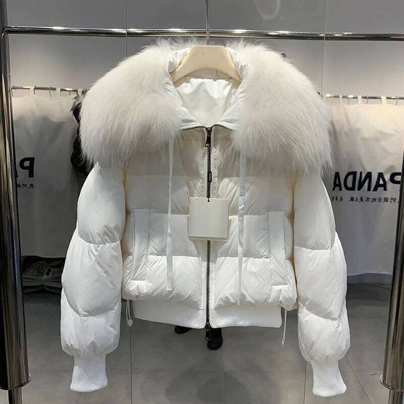 Lagabogy 2025 Winter Puffer Jacket Women Thick Warm Short Parkas Real Natural Raccoon Fur Female Loose 90% White Duck Down Coat 250728