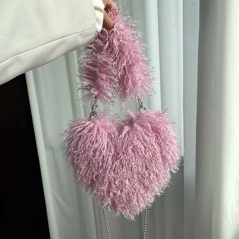 Faux Natural Fur-Ever Mongolian Furry Fur Heart Shape Oversized Tote Bags For Women Handbags With Long Shoulder Fur Straps G250729