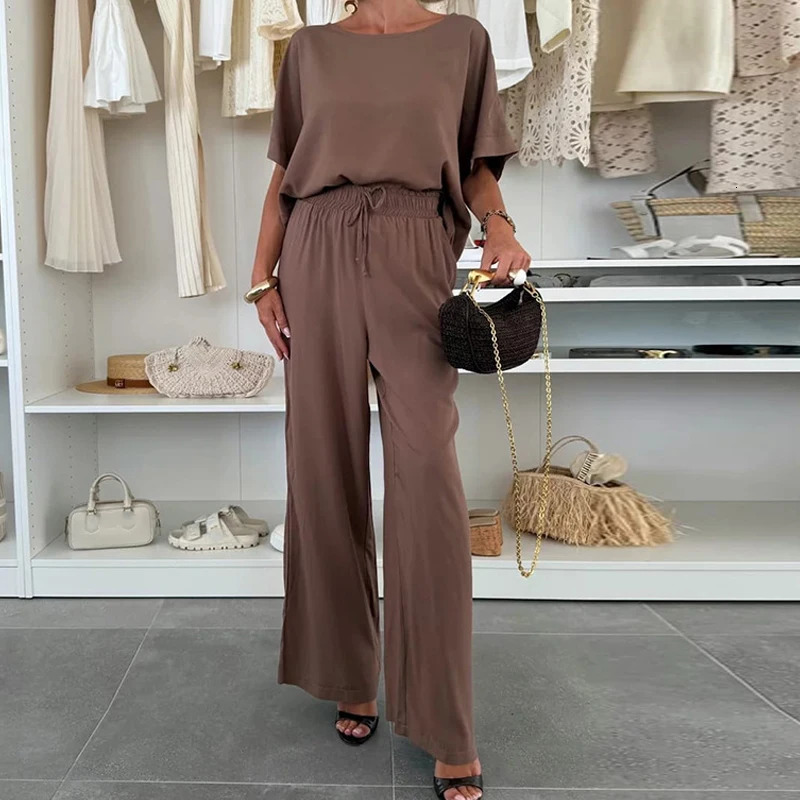 Fashion Oneck Pullover with Long Pants Suit Women Casual Short Sleeve Loose Two Piece Set Elegant TieUp Solid Outfits w250729