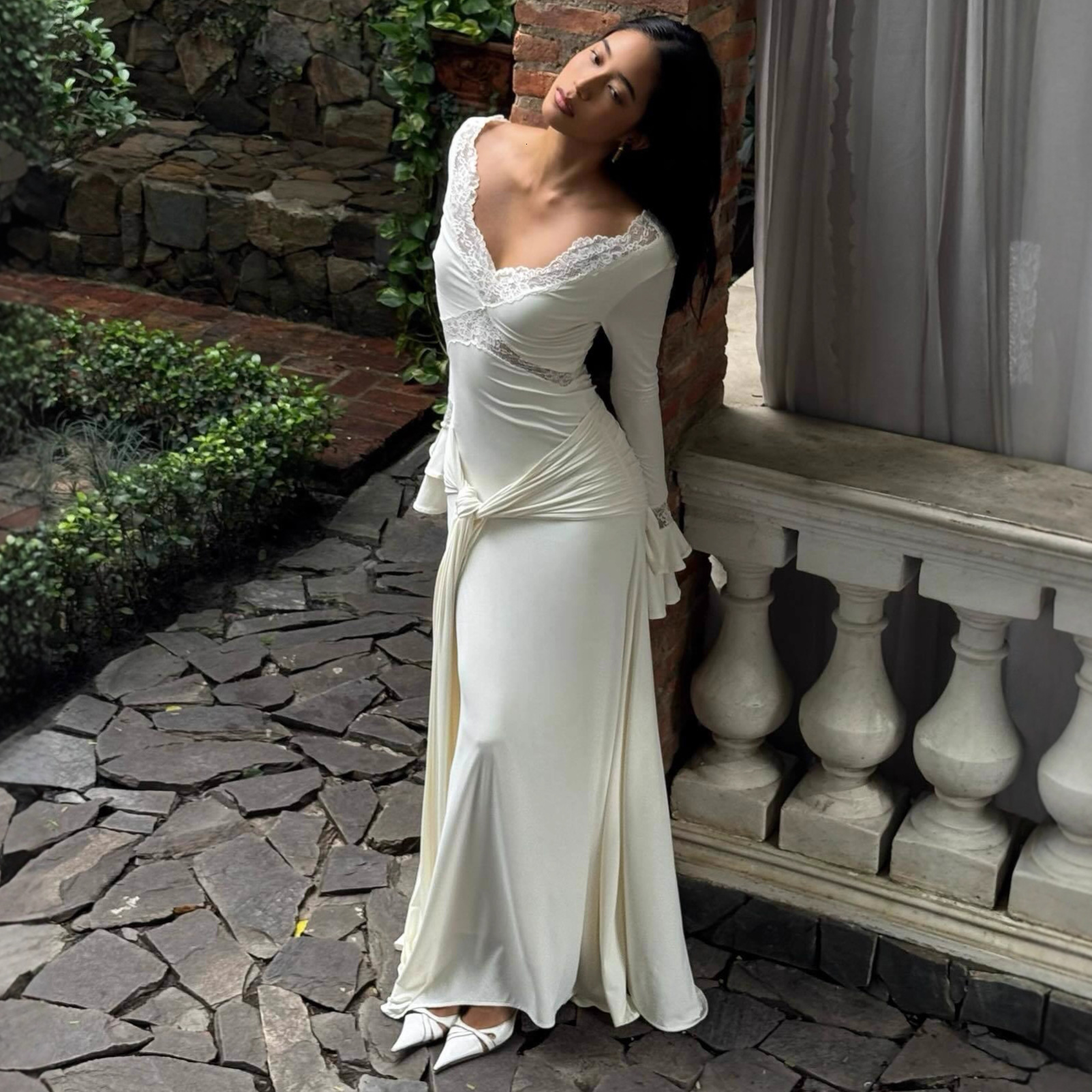 Womens New Fashion Bell Sleeve Lace Trim Dress Sexy Evening Gown Autumn Winter Dress