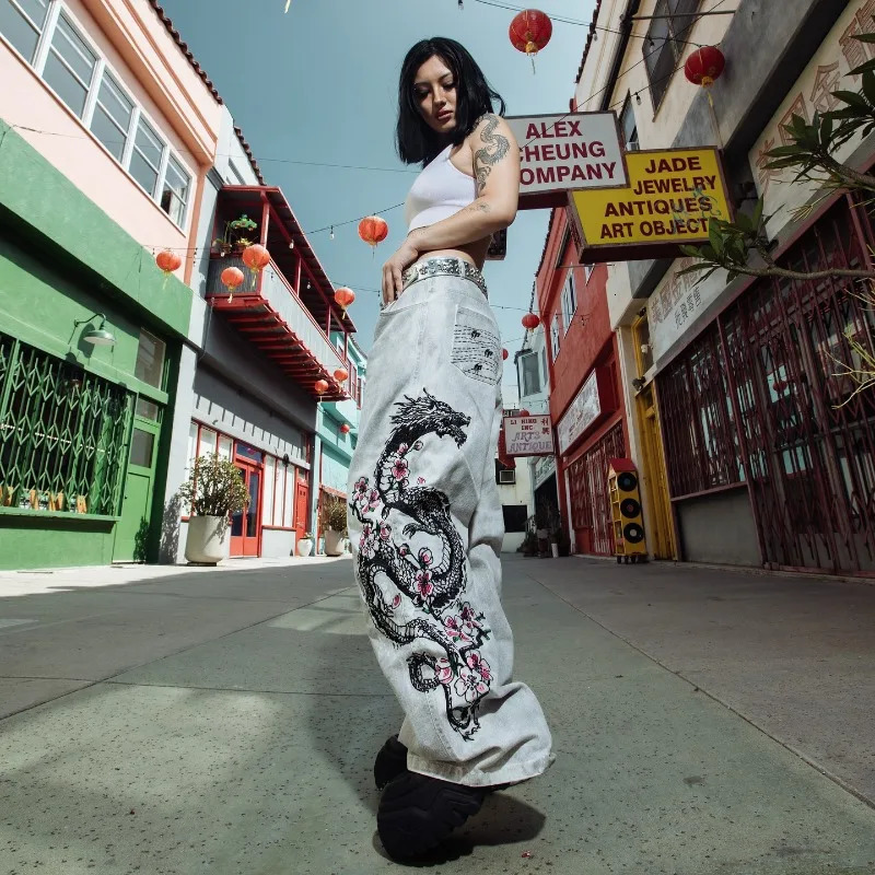 2K Fashion Street Vintage Hip Hop Oversized Pattern ed Baggy Jean Men Harajuku Rock Straight High Waist Wide Leg Pants 250731