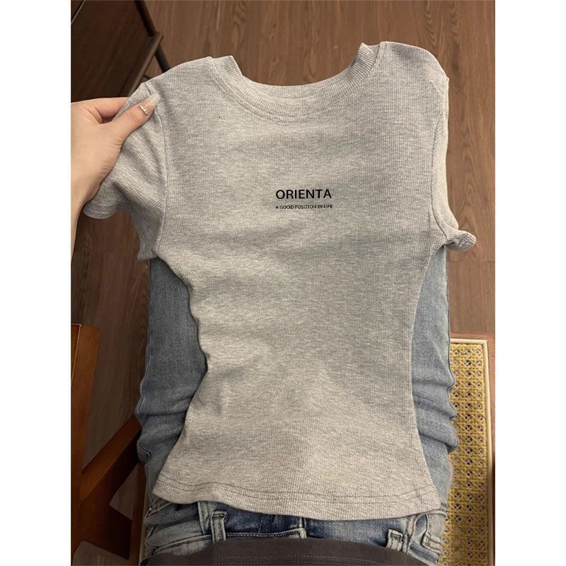 2025 summer new retro gray slim fit round neck shoulder slim fit basic shirt, spicy girl designer T-shirt, designer short sleeved women's T-shirt