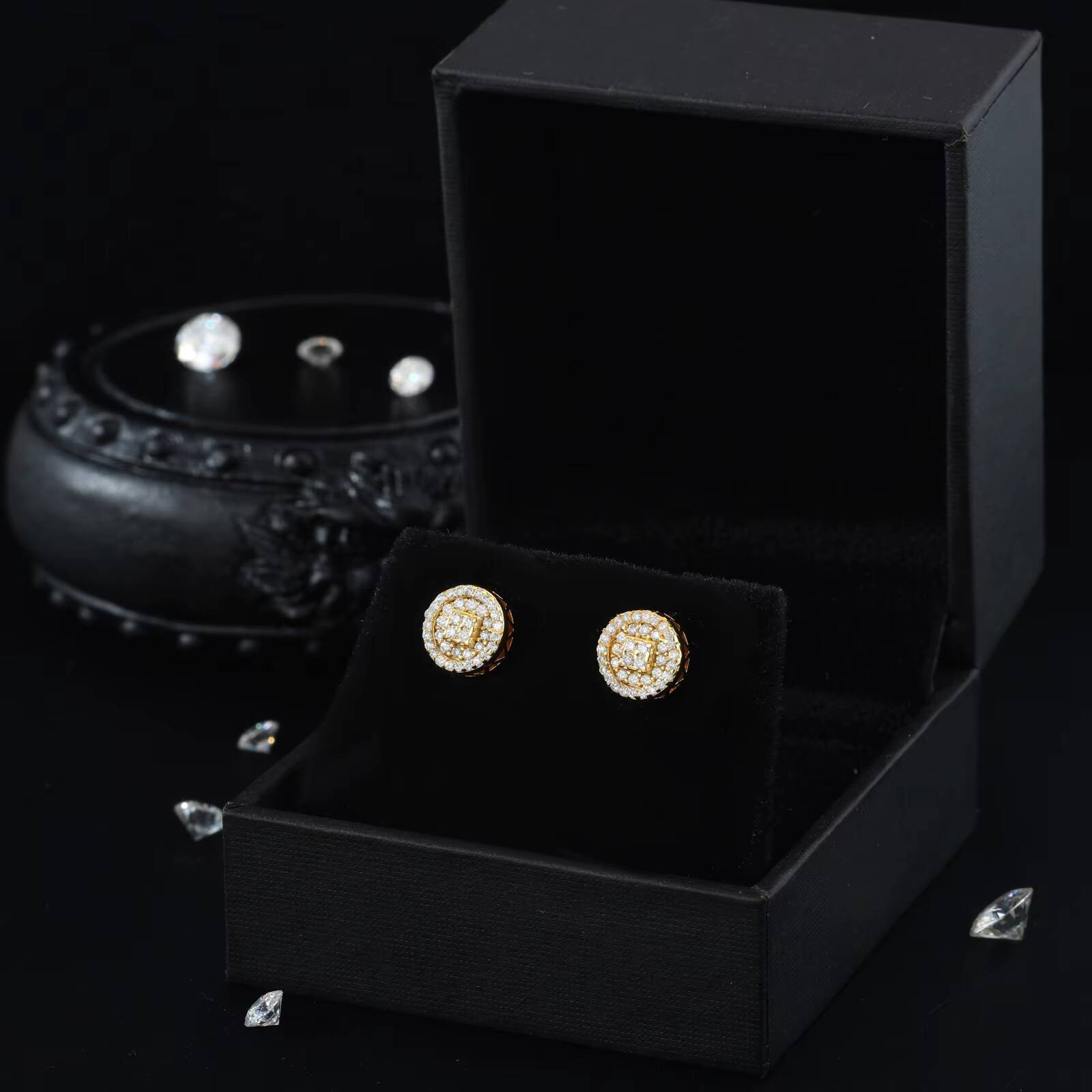 Wholesale Fashion Jewelry Gold Plated 925 Sterling Silver Micro Paved VVS Moissanite Diamond Circle Stud Earring for Men