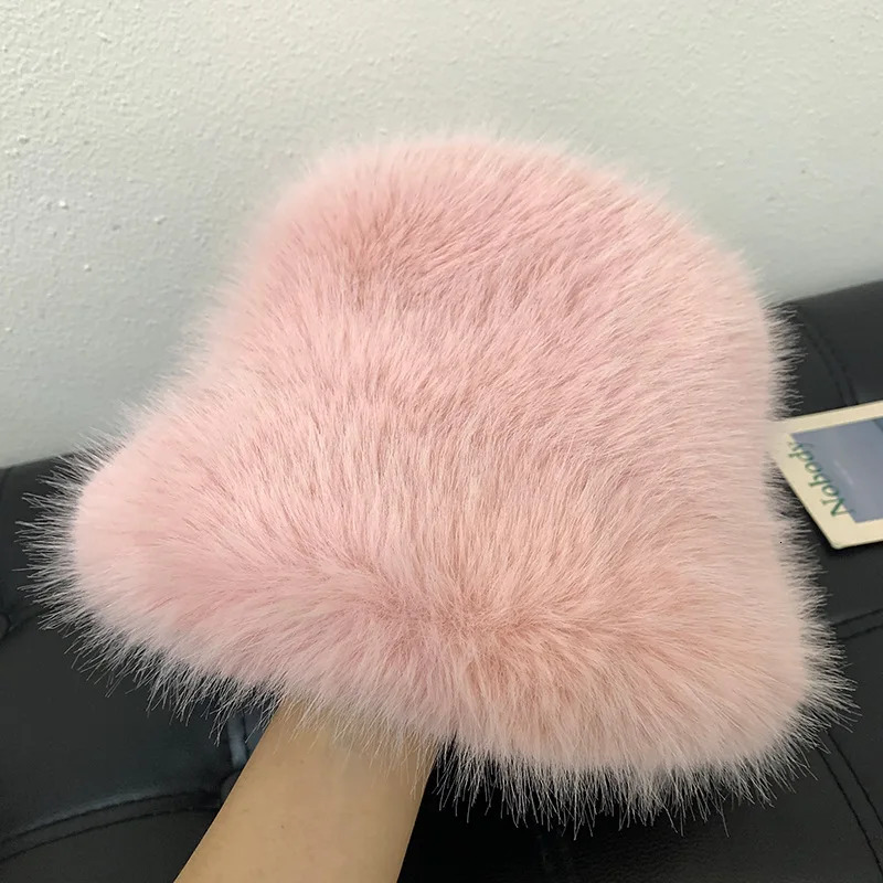Y2K Fluffy Faux Fur Bucket Hat Women Rabbit Fur Warm Thick Plush Winter Hat Lady Fashion Party Panama Fisherman Cap 250724