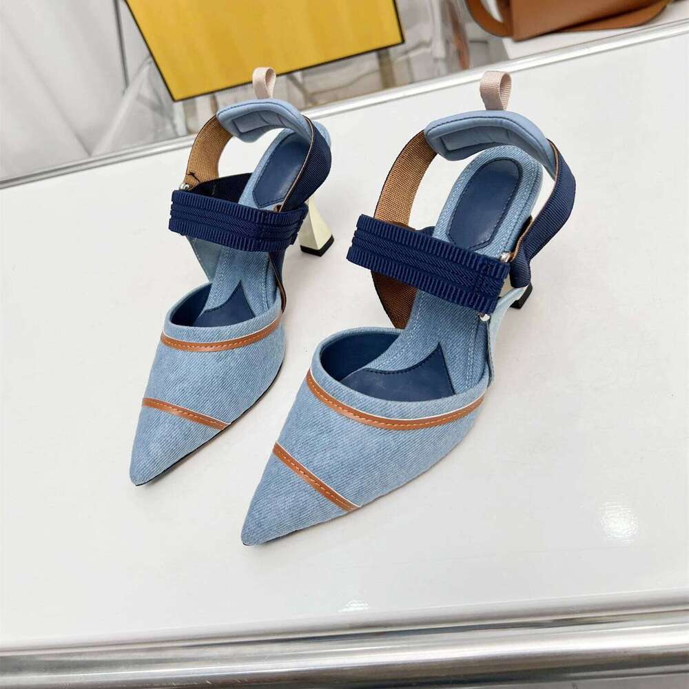 New Women Size35-42 Denim Pumps Super High Heels Genuine Leather Sandals Pointed Toes Designer Shoes Zapatillas De Mujer a15