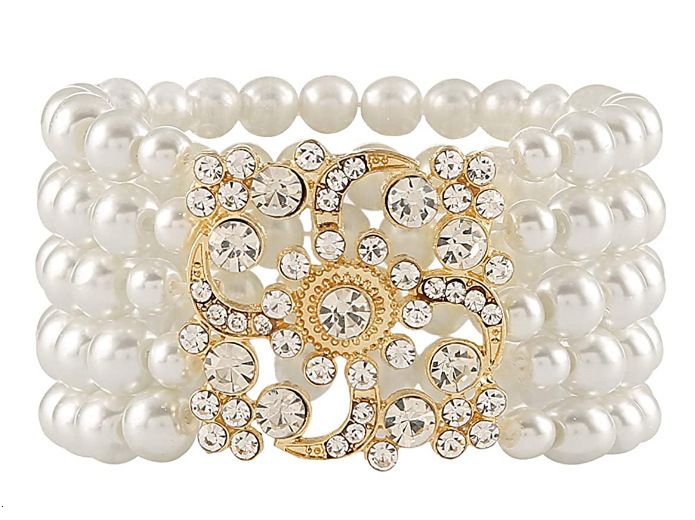 Korean Fashion Women's Three-layer Rhinestone Pearl Designer Bracelet Bracelet Elegant Sparkling Multi-layer Elastic Bracelet Madam