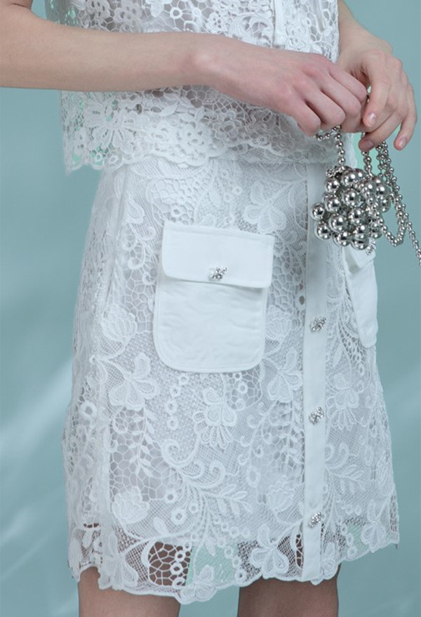 Women White Lace Straight Short Skirts High-waisted A-line Mini Skirt Elegant Water-Soluble Lace Skirt 6111481