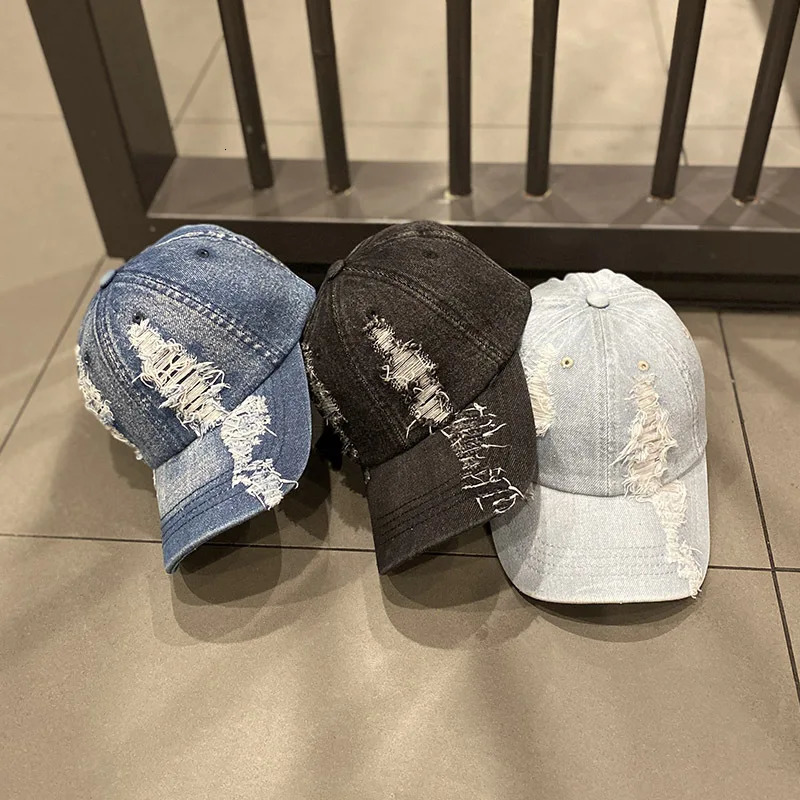 Washed Denim Baseball Caps Women Vintage Holed Distressed Cap Fashion Sports Denim Hats Plain Women Men Dad Caps 250730