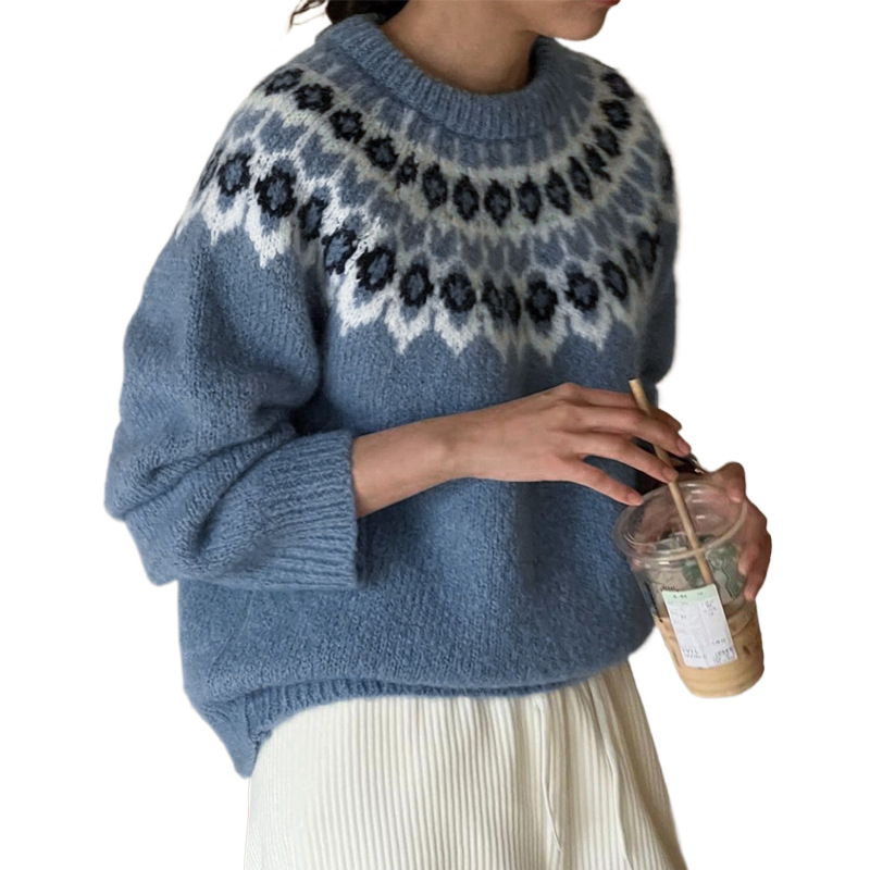 Free Shipping Korean Style Ethnic Knitted Sweater Women's Fall Pullover Versatile Casual Top | FW25