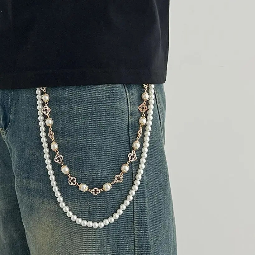 Ingemark Fashion Pearl Rhinestone Flower Jeans Pants Chain For Men Vintage Gold Color Wallet Key Chain Hip Hop Jewelry 250730
