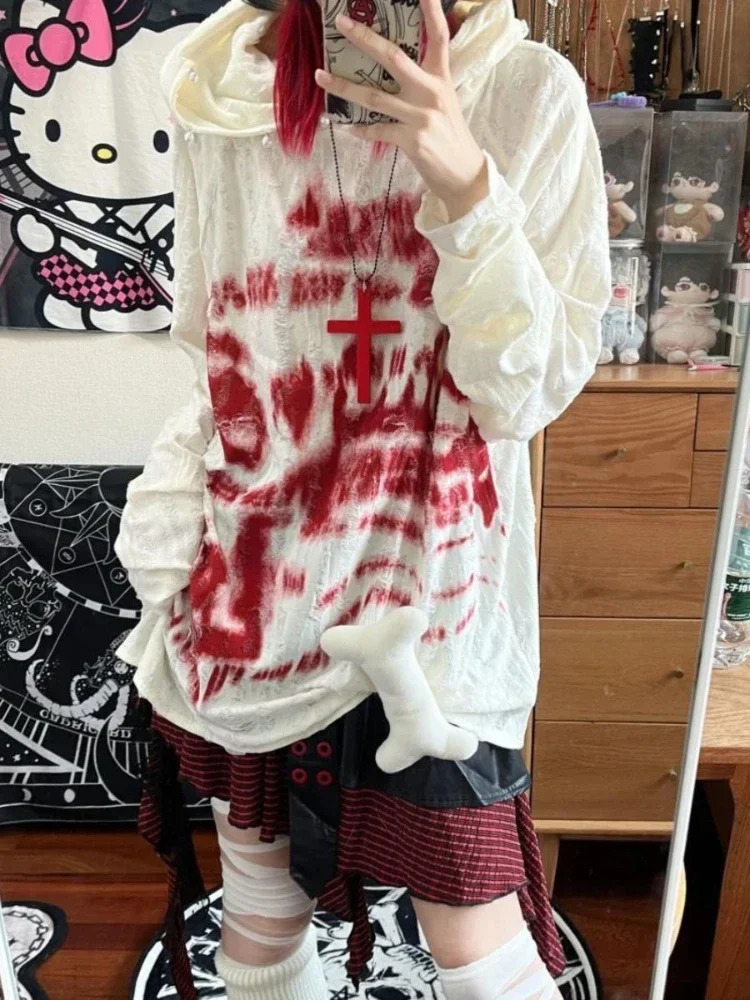 HOUZHOU Y2k Gothic Vintage Women Hoodies Harajuku Print Japanese Fashion Hooded Pullovers Loose Long Sleeve Grunge Streetwear 250730