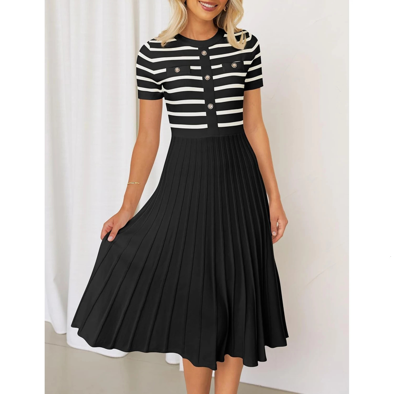 Summer Ice Silk Knitted Striped Dresses for Women Short Sleeve Patchwork Casual Loose Dress Korean Fashion Dresses 250731