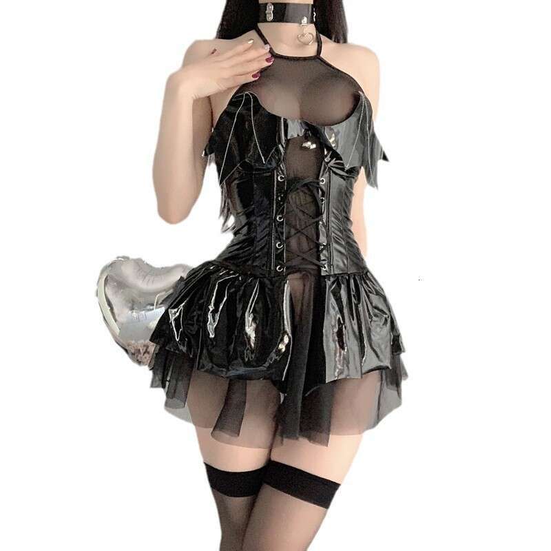Ranshuo Sexy Lingerie Patent Devil Wings Uniform Cosplay Sheer Dress Halter Leather Jacket Set Short rompers