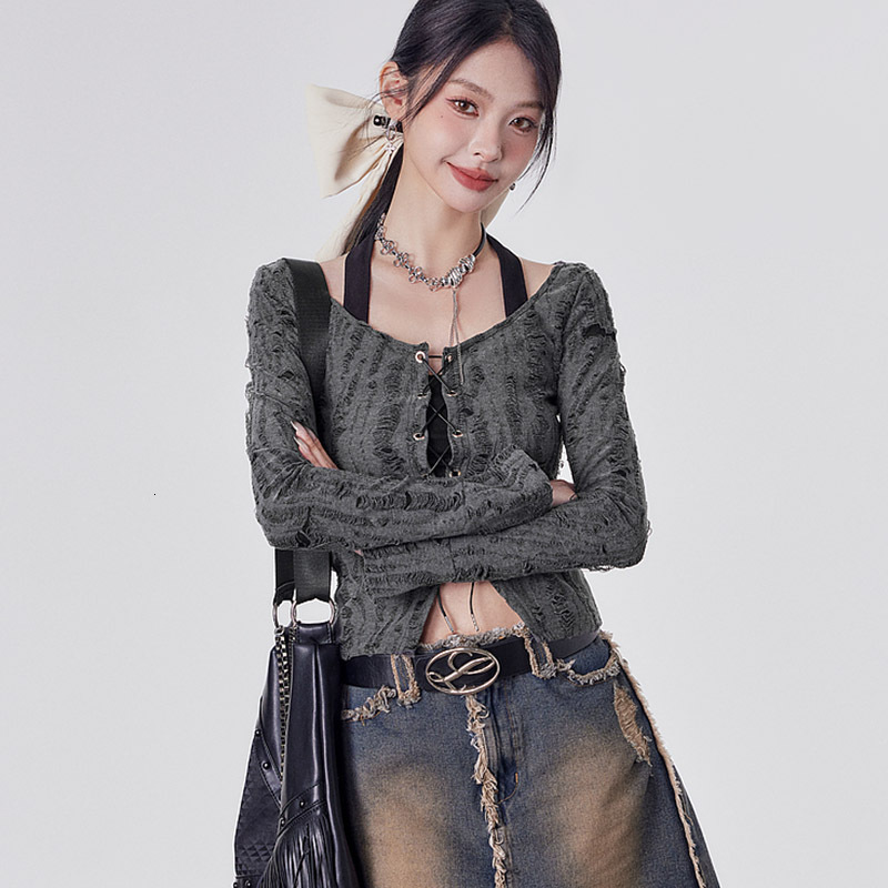 2025 European and American wasteland style fake two-piece camisole tie long sleeved T-shirt spicy girl top women's clothing new designer T-shirt