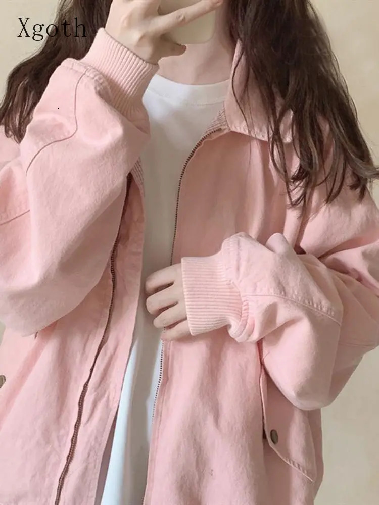 Xgoth Pink Jacket Women Spring Autumn Preppy Oversize Coat Casual Short Windbreaker Jacket Lovely Streetwear 250728