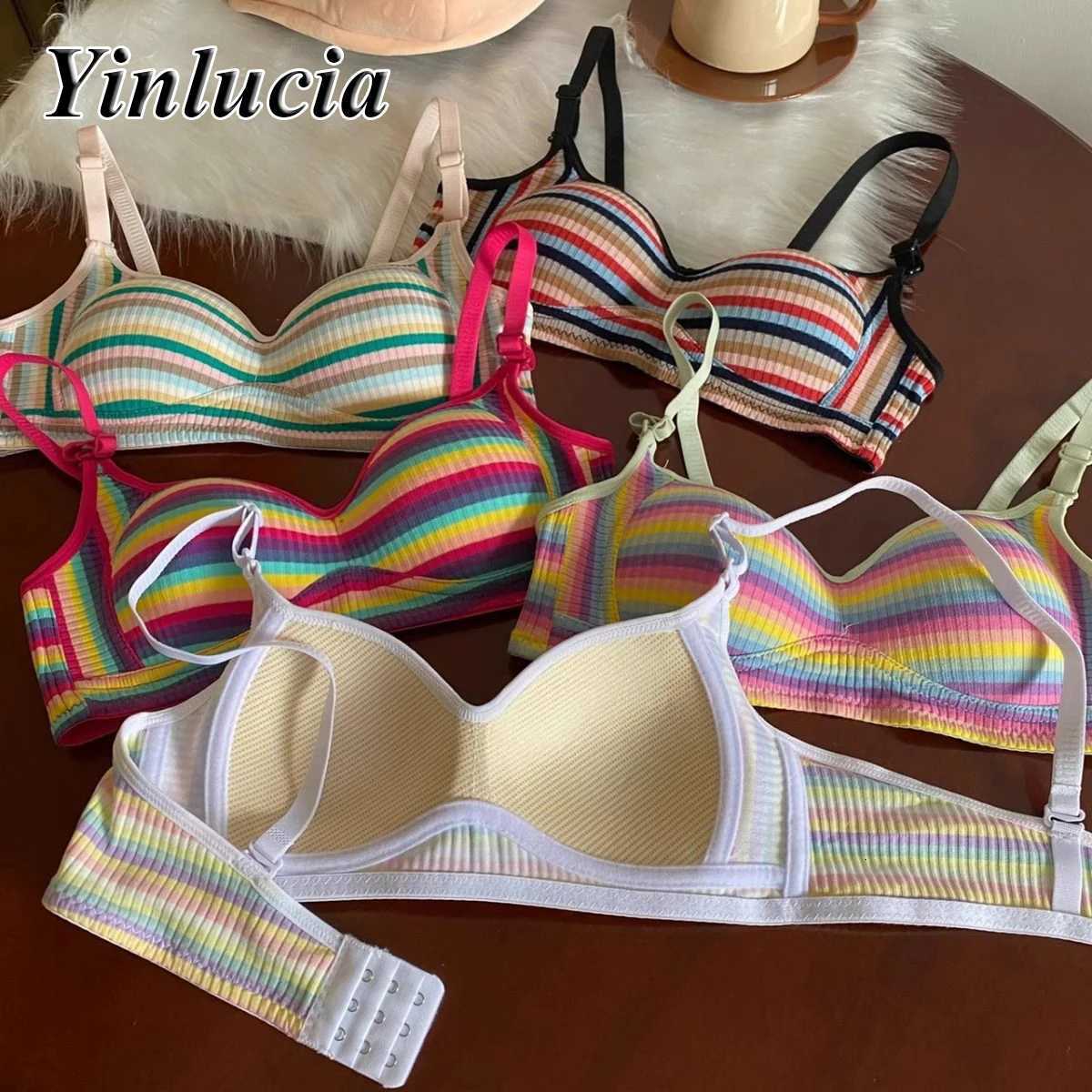 Vintage Lingerie Rainbow Stripes Bra Gathered Crop Top Underwear Push Up Bras New Summer Daily Soft Elastic Underwear Women Z250730