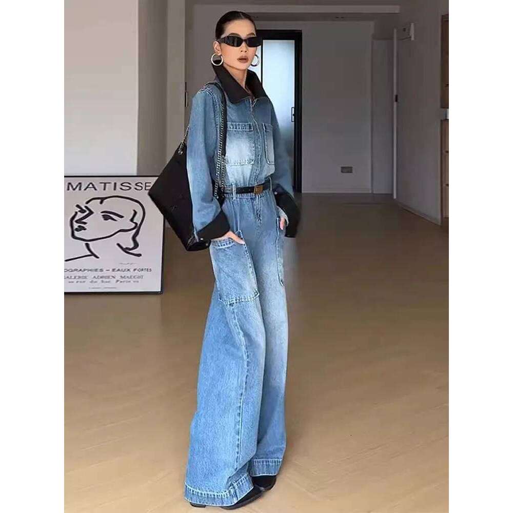 Retro Polo Collar Workwear Denim Jumpsuit Women's Spring And Autumn Color Blocked High Waisted Wide Leg Pants 250728