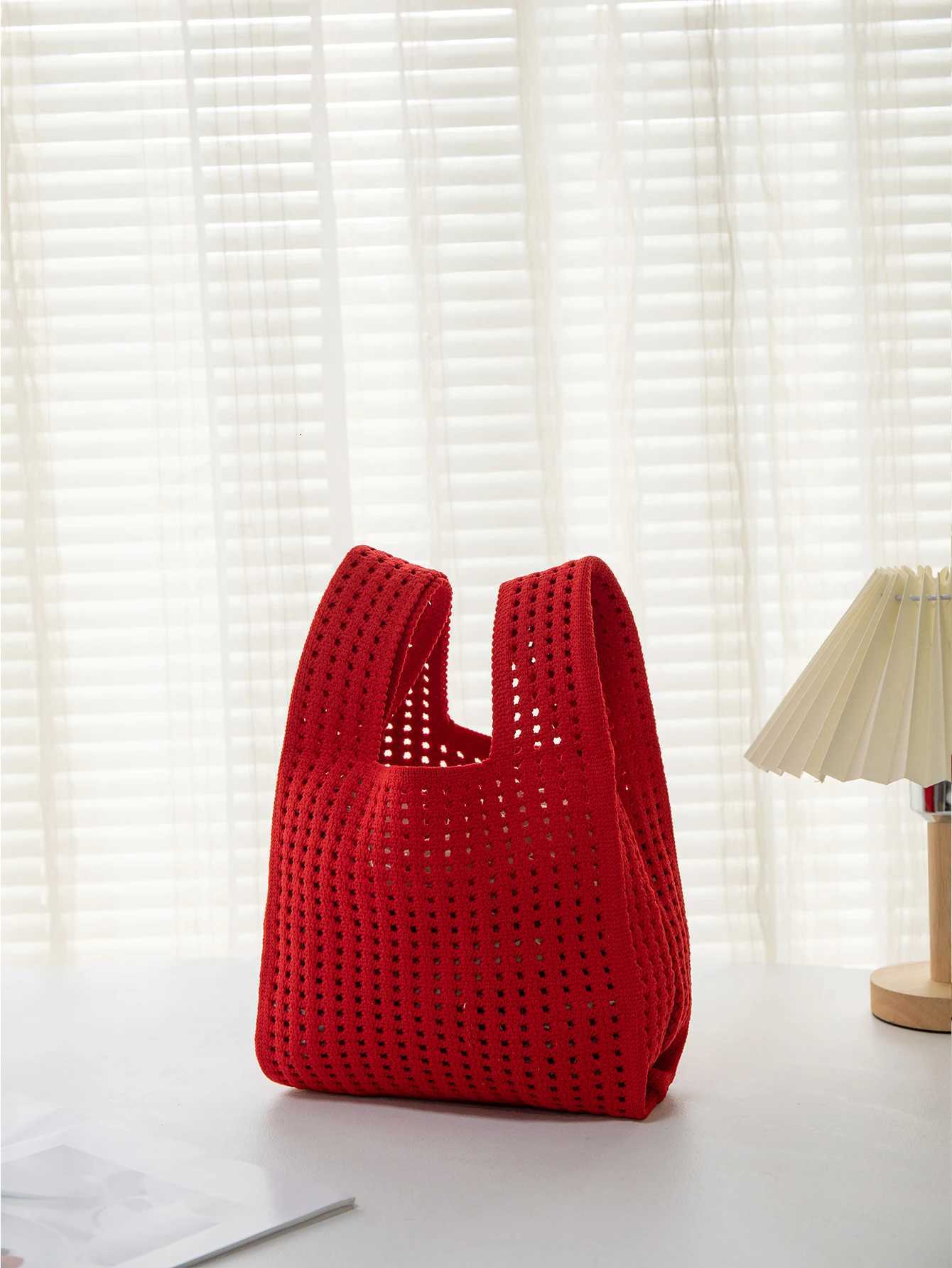 Handmade Knit Handbag Women Mini Knot Wrist-bag Female Casual Color Wide Stripe Plaid Tote Bag Student Reusable Shopping Bag G250729