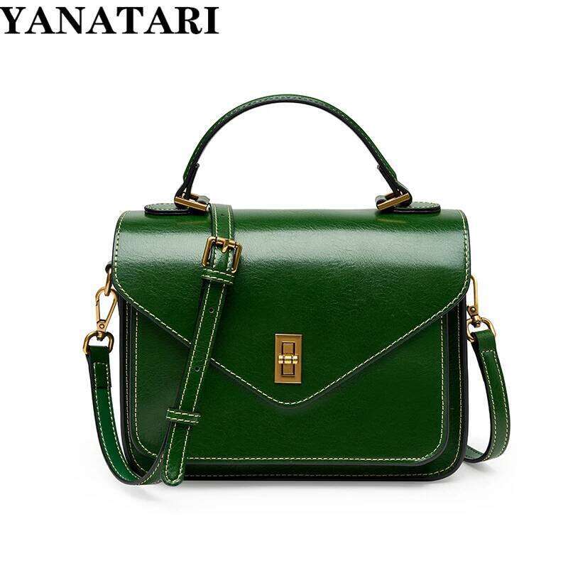 Luxury designer leather women's high quality simple retro fashion mail carrier hand-held green shoulder bag