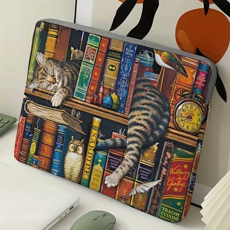 1 cat and bookshelf pattern laptop bag briefcase suitable for 15 inch laptops fixed laptop bag (without handheld) G250729