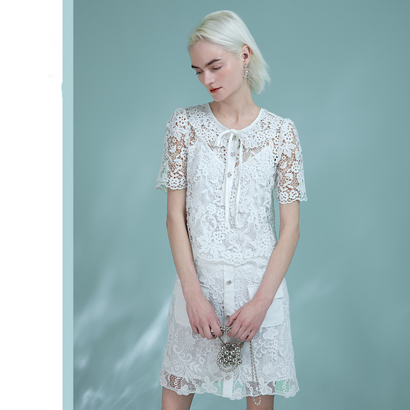 Women White Lace Straight Short Skirts High-waisted A-line Mini Skirt Elegant Water-Soluble Lace Skirt 6111481