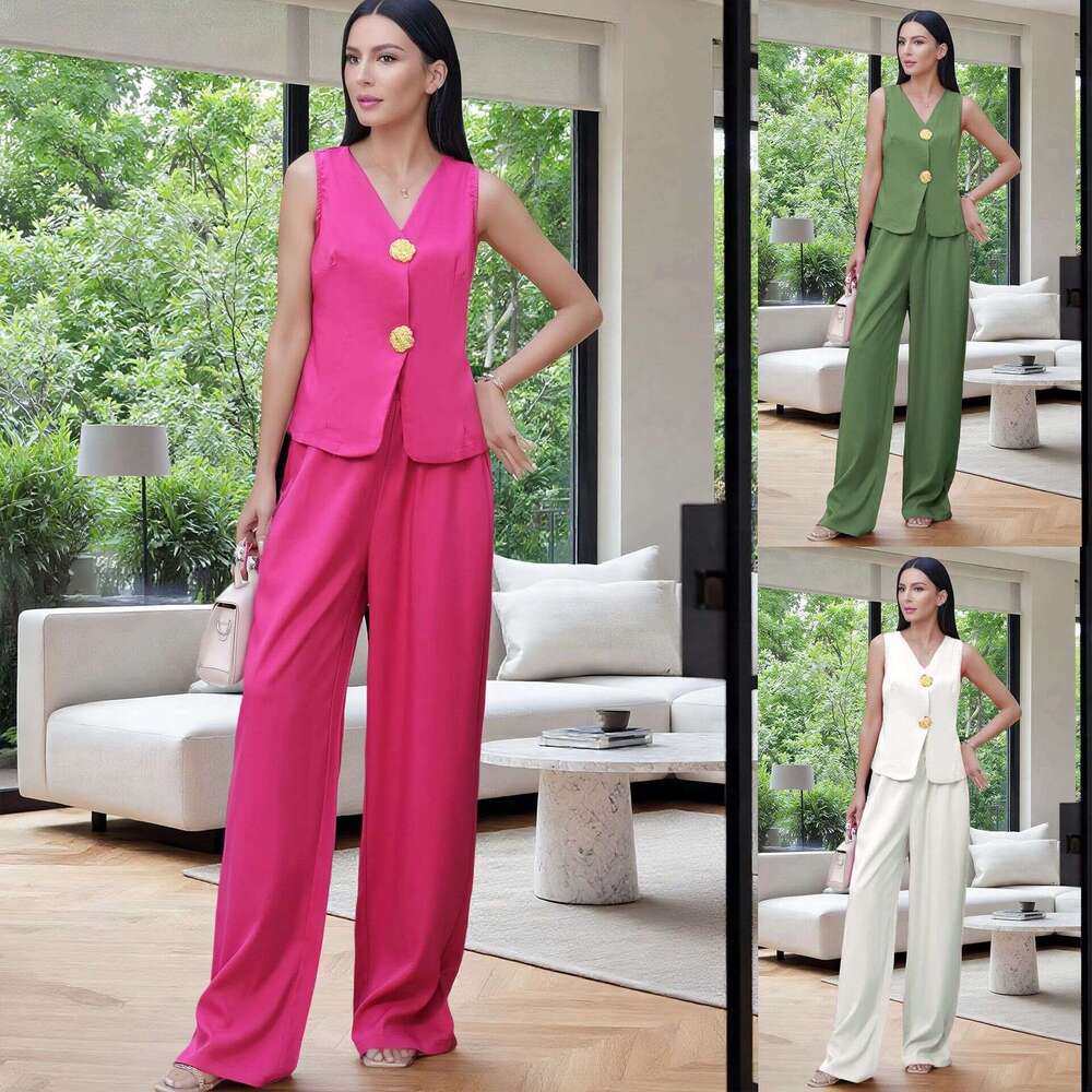 Spring Summer Women's Fashion Button Vest and Long Pants Casual Two-Piece Set for Women