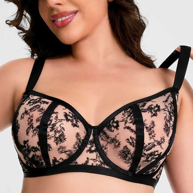 Sexy Womens Lace Sheer Minimizer Bra 75D-95K Non Padded Underwire Female Breathable Flower Embroidery Plus Size Lingerie Z250730
