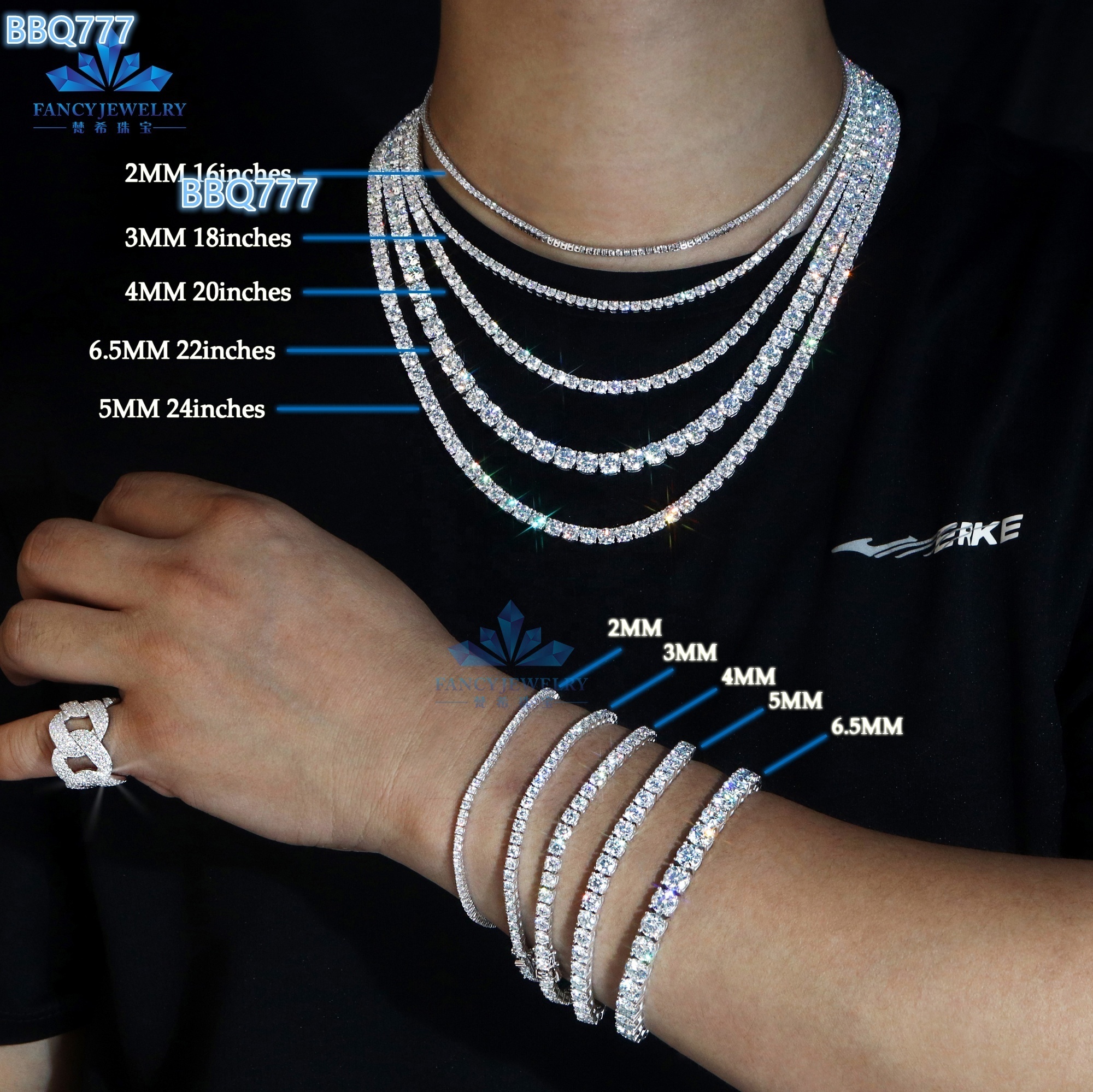 HipHop Style 925 Sterling Silver Tennis Link Chain Necklace Bracelet White Yellow Gold Plated D VVS Moissanite Gift