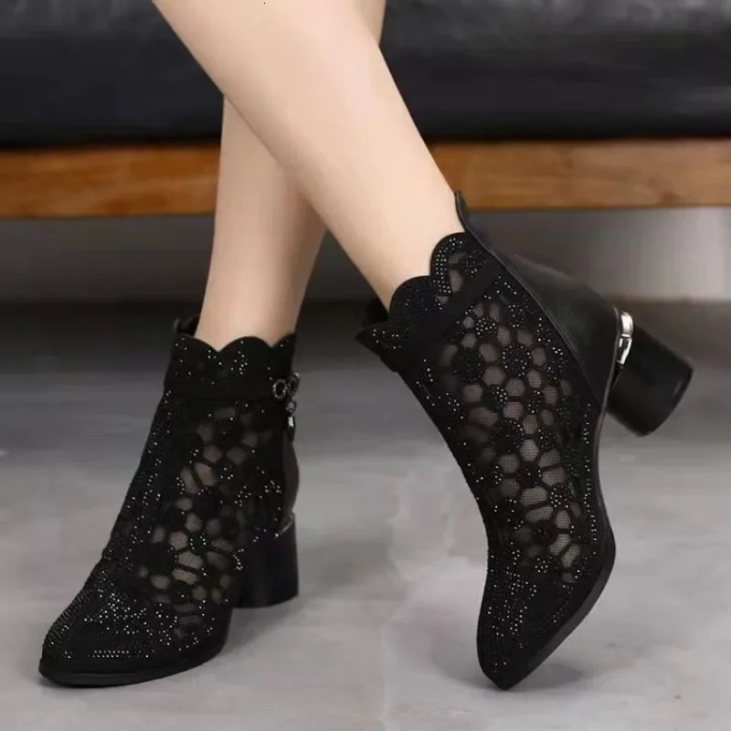 Womens Airy Mesh Breathable Boots with Western Denim Mid Sleeves Square Toe Thick Heel Versatile Short Boots 250729