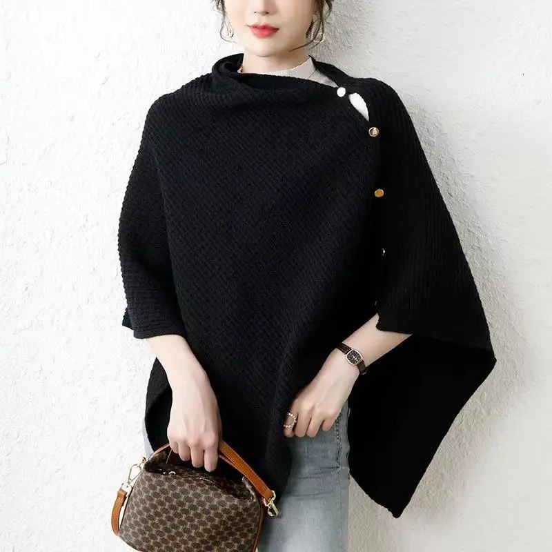 Warm Knitted Plain Color Scarf Thick Single Breasted Wool Shawl Wrap Women Cape Open Side Woven Cardigan Poncho Stole 250729