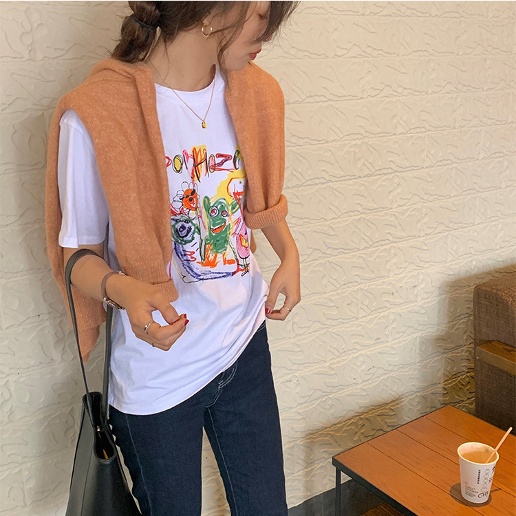 2025 summer new Korean style loose cotton short sleeved T-shirt for women, graffiti printed casual versatile top, base shirt, fashionable new designer