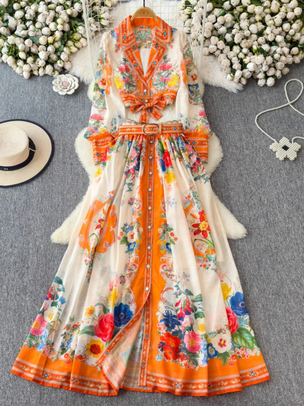 2025 Spring French Style Elegant Dress Two Piece Sets Notched Collar Long Sleeve Top High Waist A-line Skirts Vintage Print Suit 250728