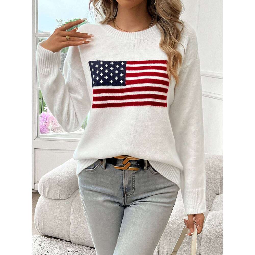 Designer Leisure High Quality American Flag Crew Neck Long Sleeve Pullover Women's Sweater