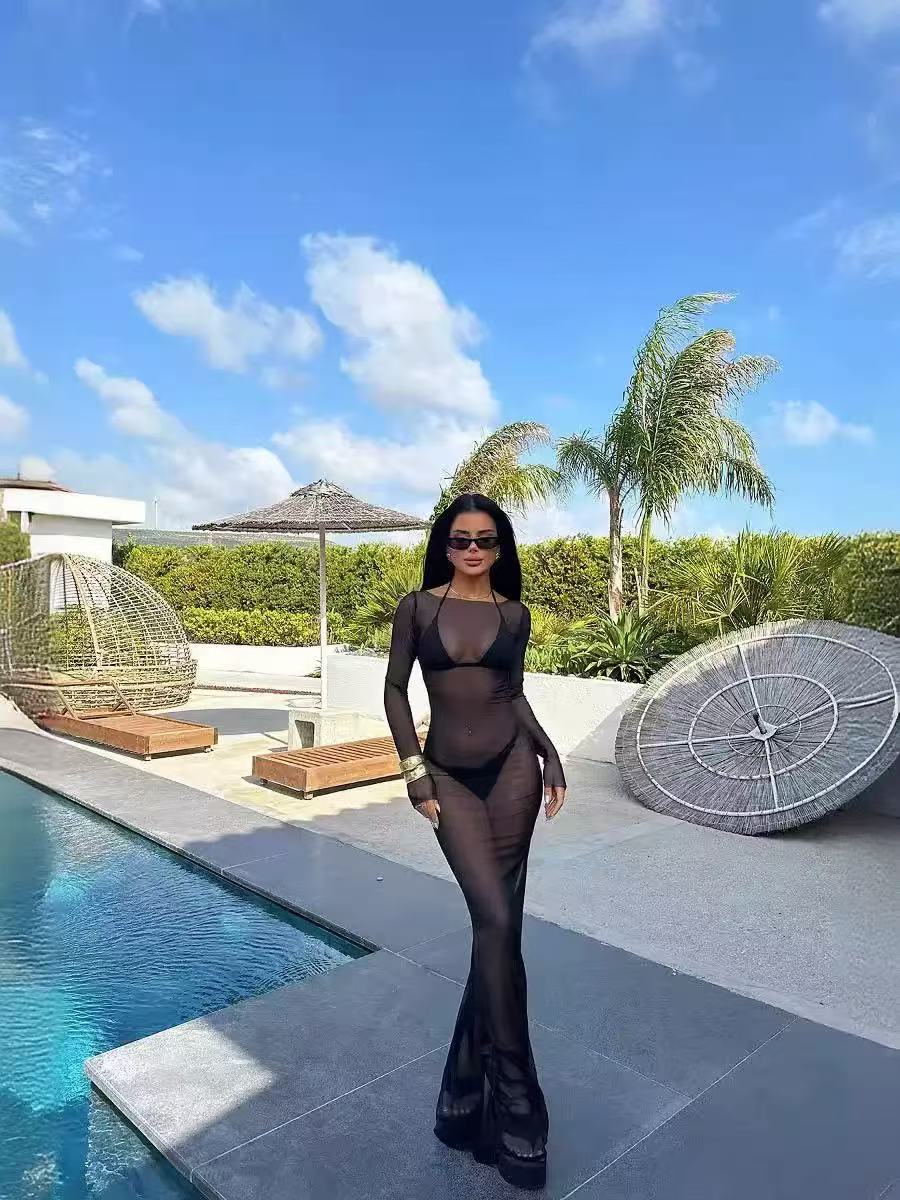 2025 Summer New European and American Style Sexy Women's Clothing, Slimming Mesh See-Through Off-the-Shoulder Long Sleeve Long Dress for Hot Girl