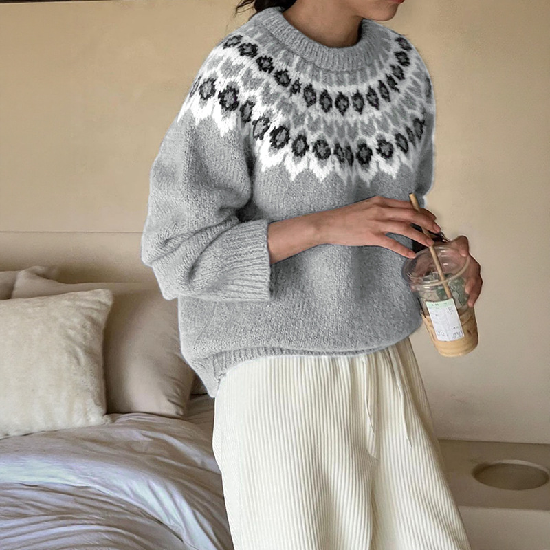 Free Shipping Korean Style Ethnic Knitted Sweater Women's Fall Pullover Versatile Casual Top | FW25