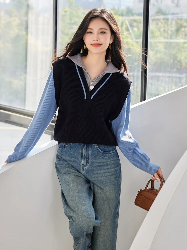 Autumn Twopiece Knitted Sweater Women Fashion Temperament Long Sleeve Pullover Knitwear Tops 250730